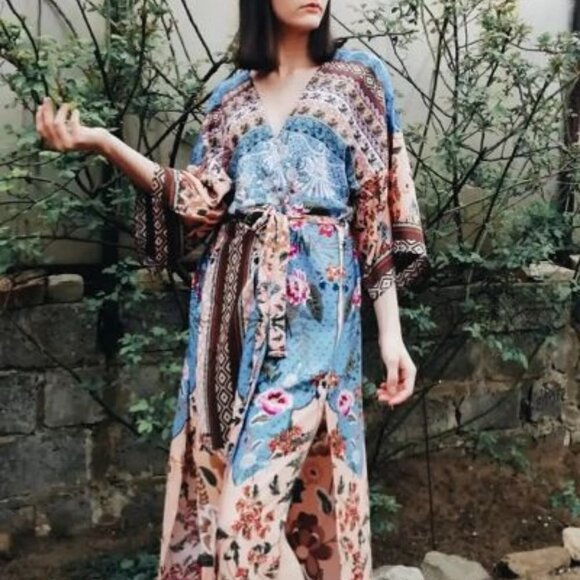 Ethnic Tribal Pattern Boho Belted Kimono, Long Wide Sleeve Loose Baggy Cover Up - Picture 5 of 5